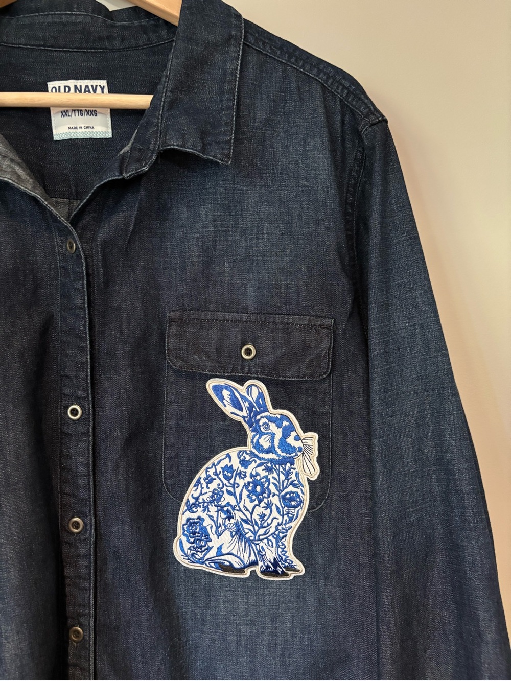Old Navy Dark Denim Shirt | Snap Buttons| Floral Rabbit Patch | Size XXL